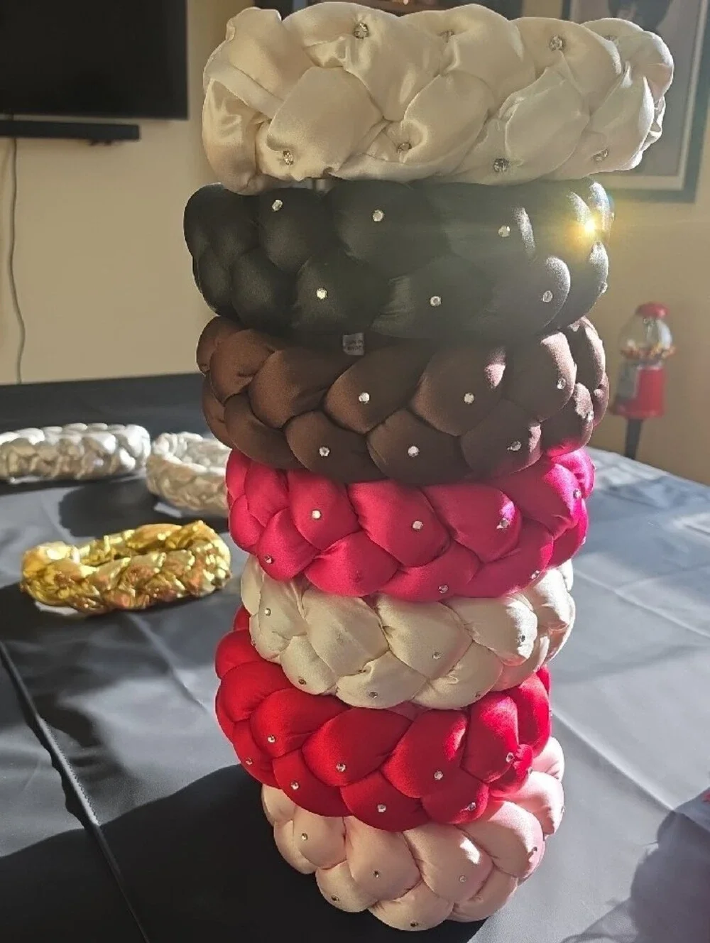 Women’s Braided Satin Donut Hats/ Headband - Pink, Red, Gold, Black, Cream.